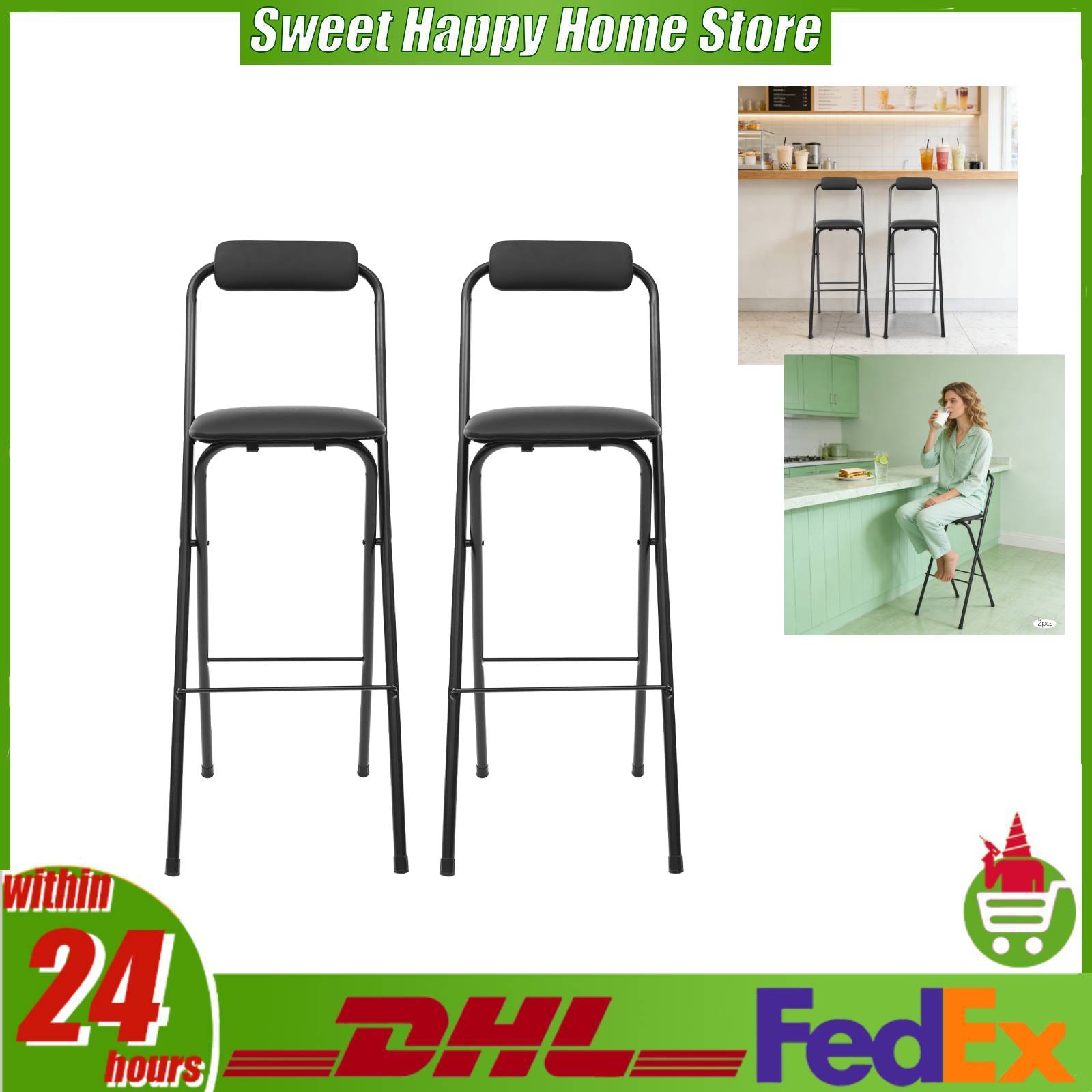 Commercial Kitchen Hardware - 2パック折りたたみバースツール、背もたれ付きポータブルハイチェア、耐荷重275ポンド、シート高さ29.53インチ、キッチンアイランドバー用