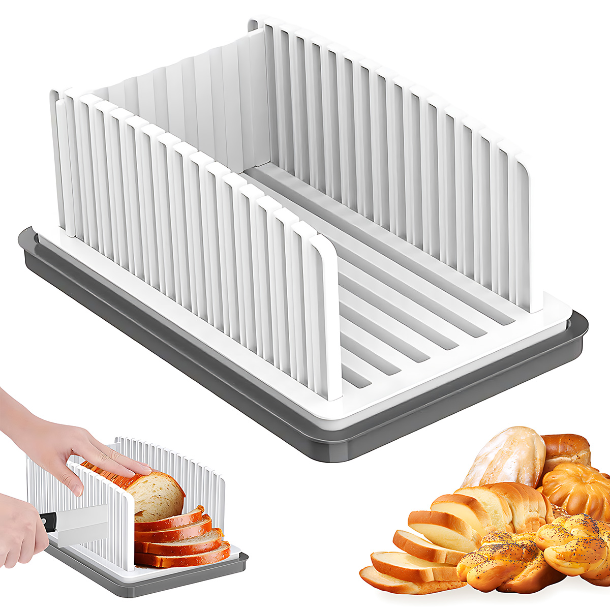 Commercial Bread Slicer - 折りたたみ式で調整可能な手動パン切り器、パンくず受け皿内蔵、パンを素早く安全にカットできるパン切り器